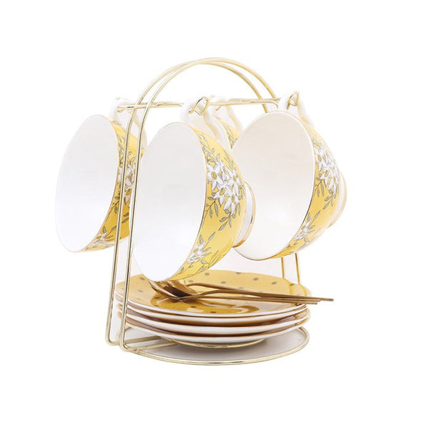 Creative Yellow Ceramic Coffee Cups, Unique Flower Coffee Cups and Saucers, Beautiful British Tea Cups, Creative Porcelain Tea Cup Set-Grace Painting Crafts