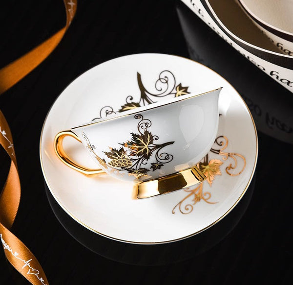 Elegant British Ceramic Coffee Cups, 7.4 oz Golden Leaves and Grapes Porcelain Tea Cup Saucer Set, Unique British Tea Cup and Saucer in Gift Box-Grace Painting Crafts