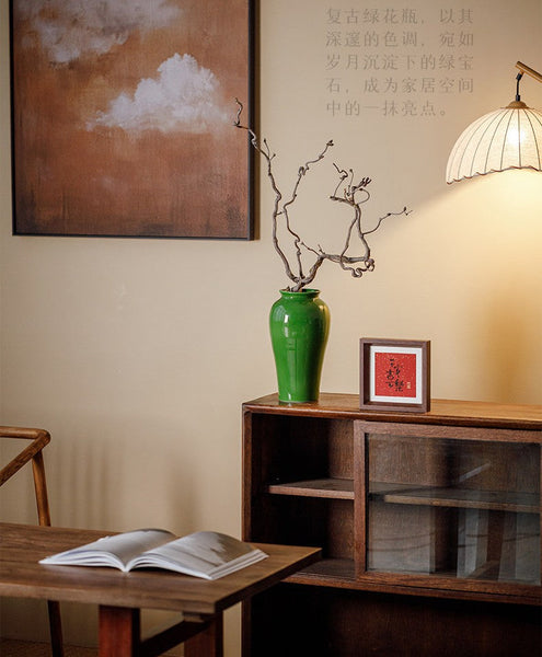 Handmade Water Holding Flower Vase, Centerpiece Ceramic Bud Vases, Green Porcelain Flower Vases, Vintage Flower Vases on Table-Grace Painting Crafts