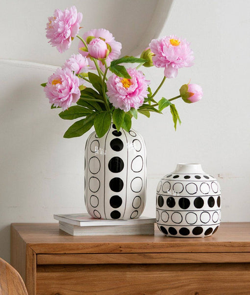 Ceramic Bud Vases, Black and White Polka Dot Flower Vase, Small Flower Vases on Table, Modern Porcelain Flower Vases, Handmade Water Holding Flower Vases-Grace Painting Crafts