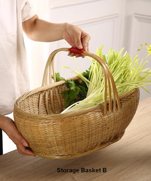 Natural Hand-woven Bamboo Basket, Extra Large Picnic Food Basket with Handle, Lovely Bamboo Baskets for Vegetable, Natural Fruit Basket Kitchen Storage Baskets-Grace Painting Crafts
