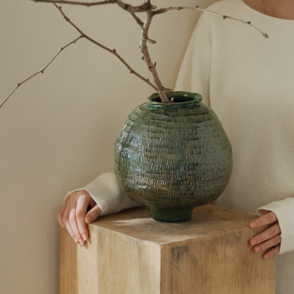 Centerpiece Ceramic Bouquet Vases, Green Porcelain Vases for Modern Home Decor, Large Contemporary Vases on Dining Table, Handmade Modern Flower Vase-Grace Painting Crafts