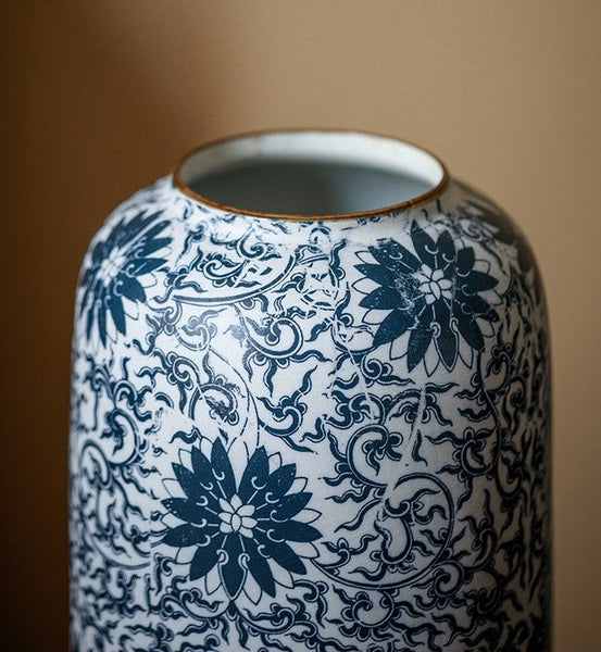 Centerpiece on Dining Table, Large Blue Flower Vase on Table, Vintage Bouquet Flower Vases, Handmade Porcelain Flower Vases Urn, Water Holding Flower Vases-Grace Painting Crafts