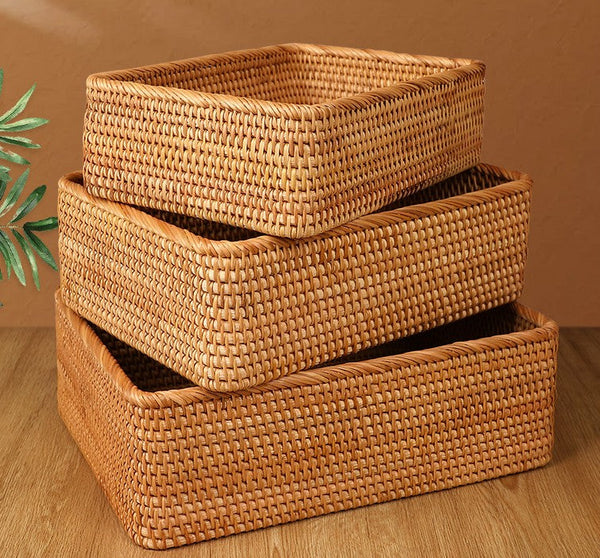Rectangular Storage Basket for Living Room, Small Kitchen Storage Baskets, Woven Storage Baskets, Rattan Storage Baskets for Shelves-Grace Painting Crafts