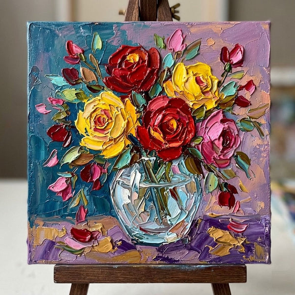 Impasto Heavy Texutre Art, Still Life Painting, Small Canvas Artwork for Sale, Rose Flowers in Full Bloom, Hand Painted Canvas Art, Original Flower Paintings-Grace Painting Crafts