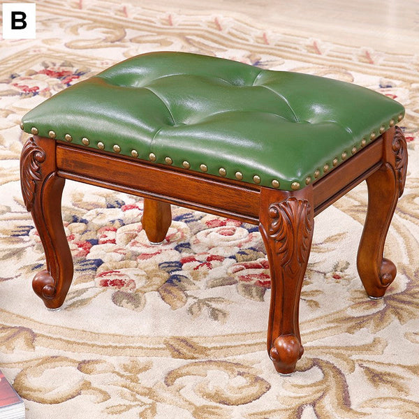 Vanity Stool, Genuine Leather Solid Wood Entry Bench, Solid Wood Ottoman, Rubberwood Entry Bench, Vintage Entry Stool-Grace Painting Crafts