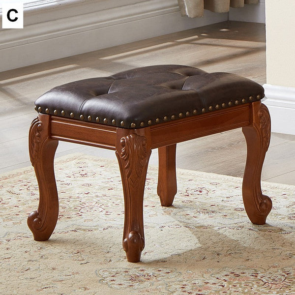 Vanity Stool, Genuine Leather Solid Wood Entry Bench, Solid Wood Ottoman, Rubberwood Entry Bench, Vintage Entry Stool-Grace Painting Crafts
