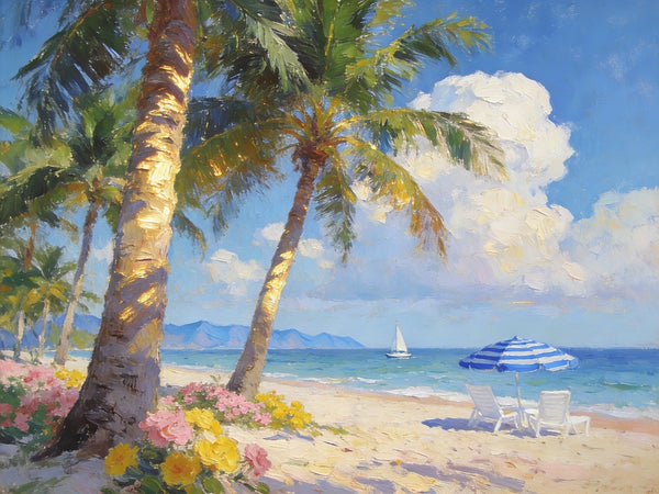 Small Landscape Paintings, Sunlit Tropical Shore, Flowers, Lounge Chairs and Calm Seas, On Canvas Small Paintings, Original Wall Art Paintings, Original Artwork Small Paintings, Impasto Artwork, Small Wall Paintings-Grace Painting Crafts