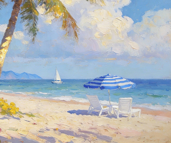 Small Landscape Paintings, Sunlit Tropical Shore, Flowers, Lounge Chairs and Calm Seas, On Canvas Small Paintings, Original Wall Art Paintings, Original Artwork Small Paintings, Impasto Artwork, Small Wall Paintings-Grace Painting Crafts