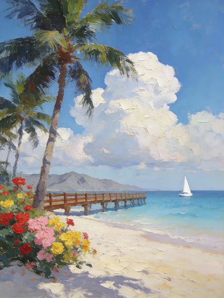 Landscape Canvas Paintings, A Coastal Scene with Blossoms and Blue Waters, Original Artwork Small Paintings, Hand Painted Canvas Art, On Canvas Small Paintings, Palette Knife Artwork-Grace Painting Crafts