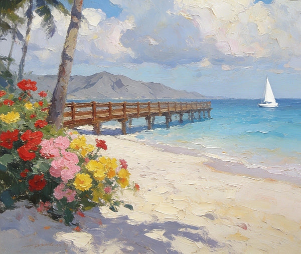 Landscape Canvas Paintings, A Coastal Scene with Blossoms and Blue Waters, Original Artwork Small Paintings, Hand Painted Canvas Art, On Canvas Small Paintings, Palette Knife Artwork-Grace Painting Crafts