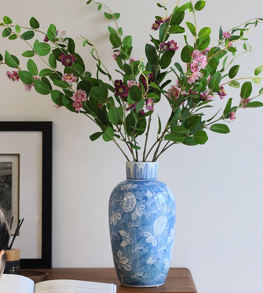 Large Flower Vases on Dining Table, Blue Porcelain Flower Vases, Centerpiece Ceramic Bouquet Vases, Handmade Modern Flower Vase-Grace Painting Crafts