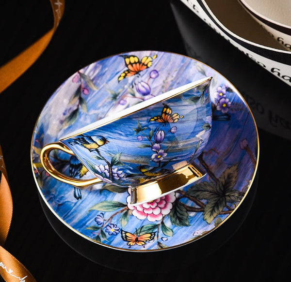 Blue Bird and Butterfly Porcelain Tea Cup Saucer Set, 7.4 oz British Tea Cup and Saucer in Gift Box, Elegant British Ceramic Coffee Cups-Grace Painting Crafts