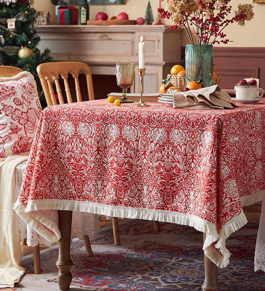 Large Fiberflax Rectangle Tablecloth for Home Decoration, Red Flower Pattern Tablecloth for Holiday Decoration, Square Tablecloth for Round Table-Grace Painting Crafts