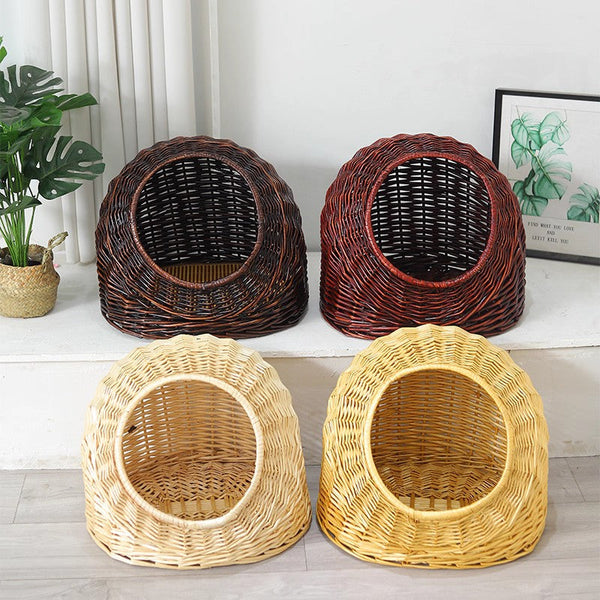 Hand woven Rattan Cat Bed, Natural Wicker Cat House Basket with Washable Cushion for Indoor Cats and Dogs-Grace Painting Crafts