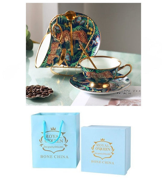 Creative Leopard Ceramic Coffee Cups, 6.8 oz Tea Cup and Saucer in Gift Box as Birthday Gift, Beautiful British Tea Cups, Creative Porcelain Tea Cup Set-Grace Painting Crafts