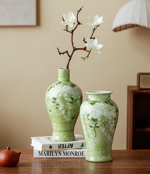 Large Flower Vases on Table, Green Porcelain Flower Vases, Centerpiece Ceramic Bud Vases, Handmade Water Holding Flower Vase-Grace Painting Crafts