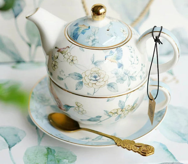 Stackable Teapot and Cup Set, Ceramic Tea Pot with Integrated Cup, Porcelain Teapot with Matching Cup and Saucer in Gift Box, Mother-and-Baby Teapot with Matching Saucer-Grace Painting Crafts