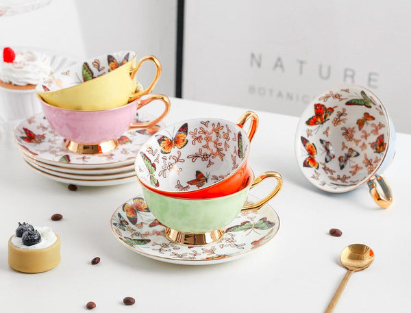Creative Butterfly Ceramic Coffee Cups, Unique Butterfly Coffee Cups and Saucers, Beautiful British Tea Cups, Creative Bone China Porcelain Tea Cup Set-Grace Painting Crafts