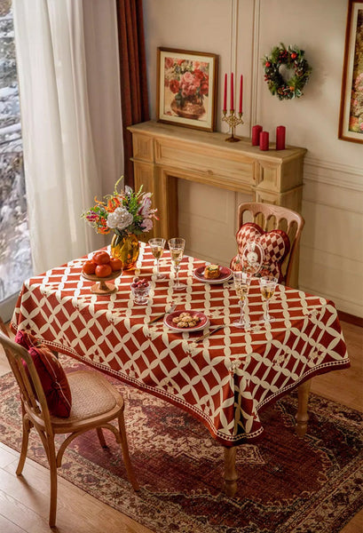 Holiday Red Tablecloth for Dining Table, Rabbit Pattern Table Cover for Dining Room Table, Modern Rectangle Tablecloth for Oval Table-Grace Painting Crafts