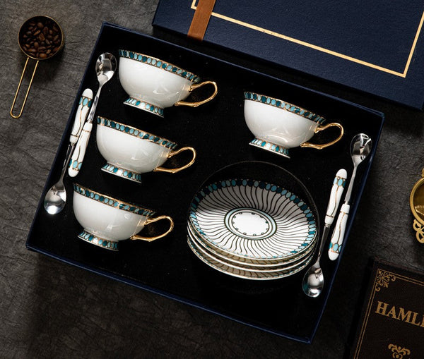 Unique Tea Cup and Saucer in Gift Box, Elegant British Ceramic Coffee Cups, Bone China Porcelain Tea Cup Set for Office, Green Ceramic Cups-Grace Painting Crafts