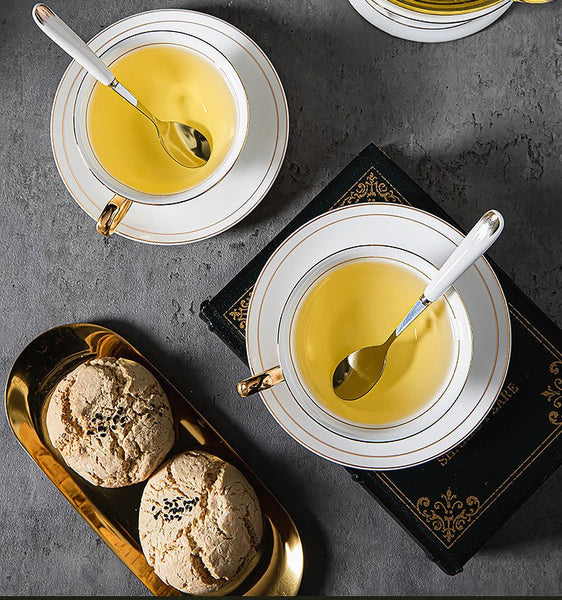 Porcelain Tea Cup Saucer Set, White Ceramic Cups, 7.8 oz British Ceramic Coffee Cups, Unique Tea Cup and Saucer in Gift Box-Grace Painting Crafts