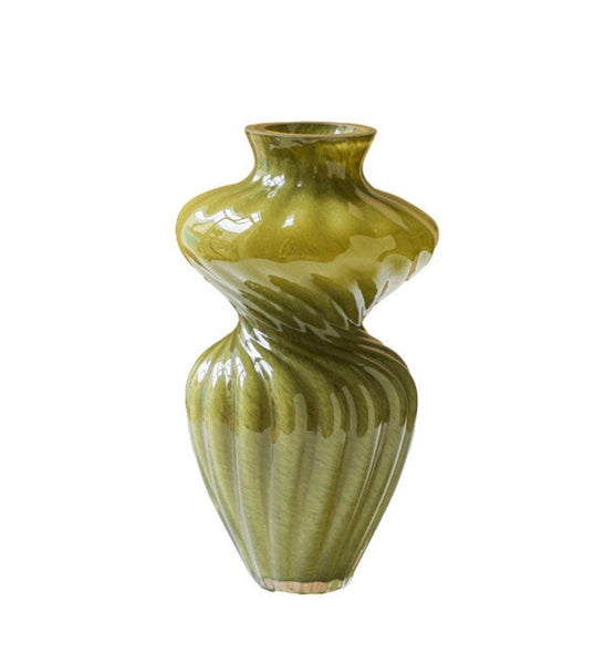 Handmade Contemporary Glass Vases, Modern Green Vases for Living Room, Mid Century Vases for Flowers, Unique Decorative Glass Vase, Centerpiece Vases on Table-Grace Painting Crafts