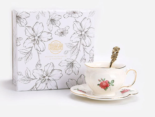 British Royal Ceramic Cups for Traditional Afternoon Tea, 7.4 oz Ceramic Coffee Cups, Rose Porcelain Tea Cup Saucer Set, 6.8 oz Tea Cup and Saucer in Gift Box-Grace Painting Crafts