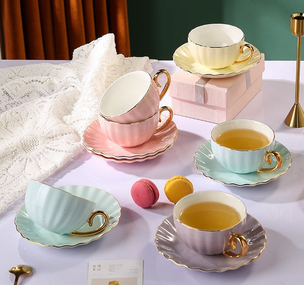 Elegant Macaroon Ceramic Coffee Cups, 6.8 oz Tea Cup and Saucer Set of 2 Cups in Gift Box as Birthday Gift, Beautiful British Tea Cups, Creative Porcelain Tea Cup Set-Grace Painting Crafts