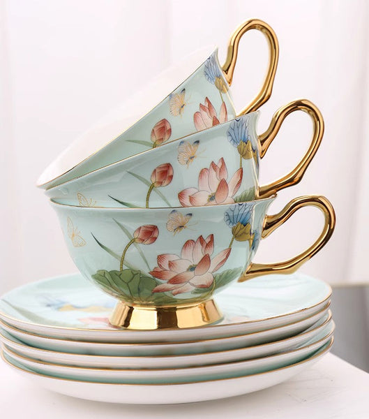 Unique British Tea Cup and Saucer in Gift Box, Lotus Flower Porcelain Tea Cup Saucer Set, Elegant British Ceramic Coffee Cups-Grace Painting Crafts