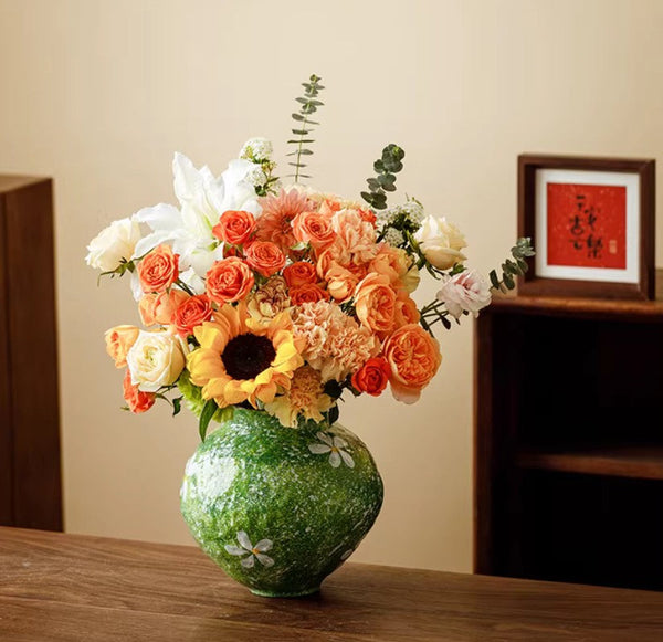 Centerpiece on Dining Table, Handmade Water Holding Flower Vases, Modern Pottery Flower Vases, Pottery Bud Vases, Large Green Flower Vases on Table-Grace Painting Crafts
