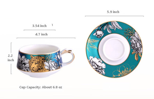 Creative Ceramic Tea Cup and Saucer, Jungle Tiger Cheetah Porcelain Coffee Cups, Unique Ceramic Cups with Gold Trim and Gift Box-Grace Painting Crafts