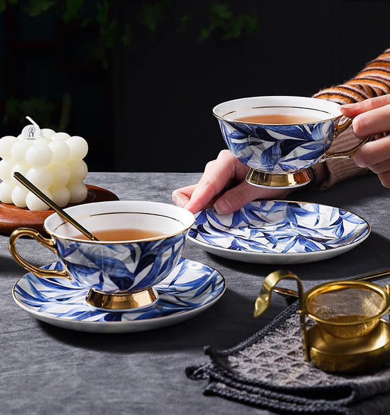 Unique British Tea Cup and Saucer in Gift Box, Blue Porcelain Tea Cup Saucer Set, 7.4 oz British Ceramic Coffee Cups-Grace Painting Crafts