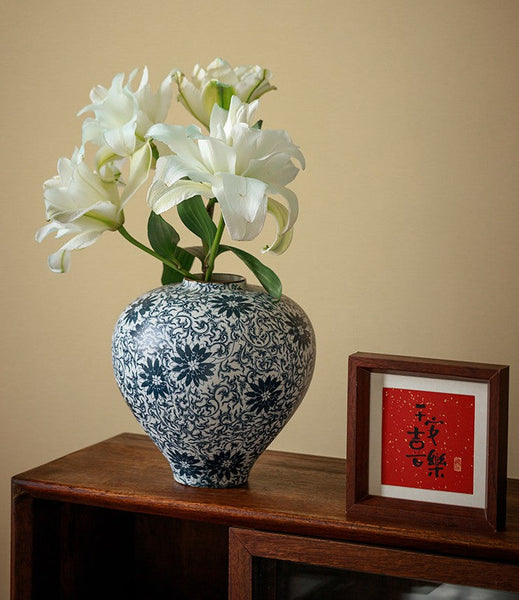 Centerpiece on Dining Table, Large Blue Flower Vase on Table, Vintage Bouquet Flower Vases, Handmade Porcelain Flower Vases Urn, Water Holding Flower Vases-Grace Painting Crafts