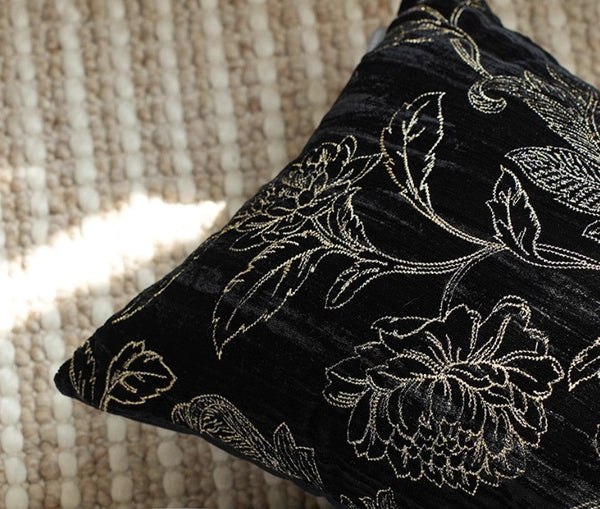 Contemporary Modern Sofa Pillows, Black Embroidery Flower Pattern Pillows for Couch, Decorative Throw Pillows for Bedroom, Large Modern Sofa Pillow for Dining Room-Grace Painting Crafts
