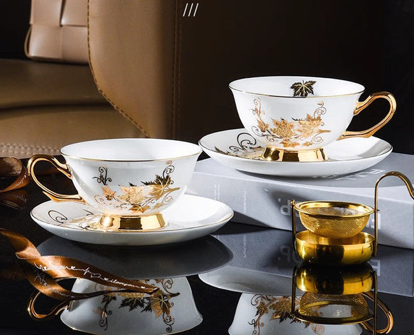 Elegant British Ceramic Coffee Cups, 7.4 oz Golden Leaves and Grapes Porcelain Tea Cup Saucer Set, Unique British Tea Cup and Saucer in Gift Box-Grace Painting Crafts