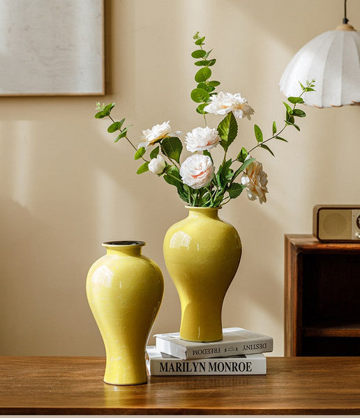 Porcelain Flower Vases, Handmade Water Holding Flower Vase, Yellow Flower Vases on Table, Ceramic Bud Vases-Grace Painting Crafts