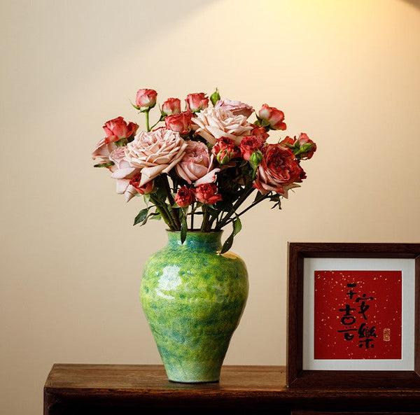 Modern Pottery Flower Vases, Handmade Water Holding Flower Vases, Pottery Bud Vases, Large Green Flower Vases on Table, Centerpiece on Dining Table-Grace Painting Crafts
