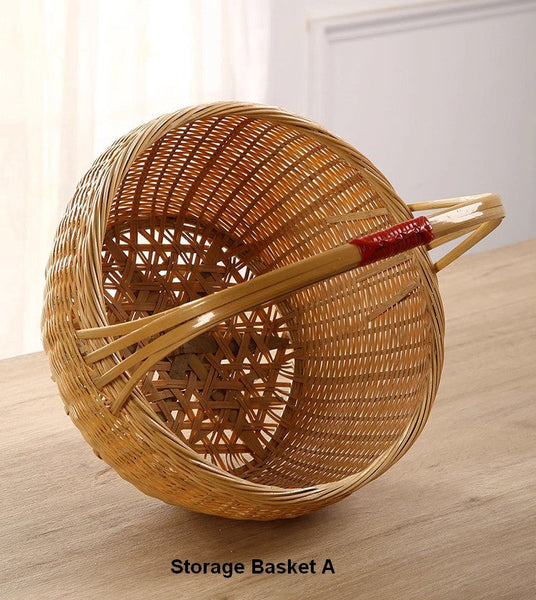 Natural Hand-woven Bamboo Basket, Natural Fruit Basket Kitchen Storage Baskets, Extra Large Picnic Food Basket with Handle, Lovely Bamboo Baskets for Vegetable-Grace Painting Crafts
