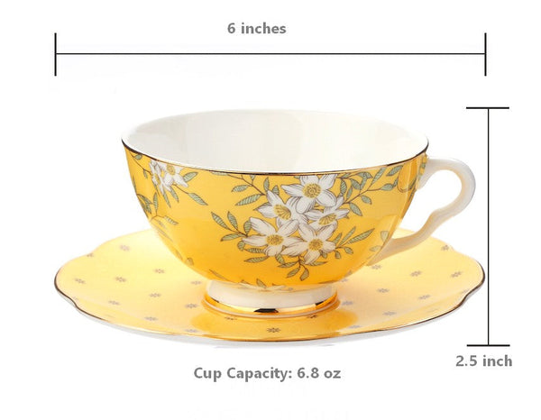 Creative Yellow Ceramic Coffee Cups, Unique Flower Coffee Cups and Saucers, Beautiful British Tea Cups, Creative Bone China Porcelain Tea Cup Set-Grace Painting Crafts