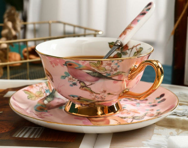 Unique Tea Cup and Saucer in Gift Box, Lovely Birds Ceramic Cups, 8 oz Ceramic Coffee Cups, Afternoon Porcelain Tea Cup Set-Grace Painting Crafts