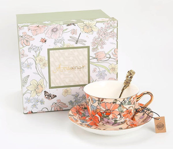 Elegant Ceramic Coffee Cups, Flower Bone China Porcelain Tea Cup Set, British Royal Ceramic Cups for Afternoon Tea, Unique Tea Cup and Saucer in Gift Box-Grace Painting Crafts