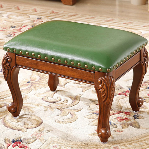 Genuine Leather Solid Wood Entry Bench, Vanity Stool, Solid Wood Ottoman, Rubberwood Entry Bench, Vintage Entry Stool-Grace Painting Crafts