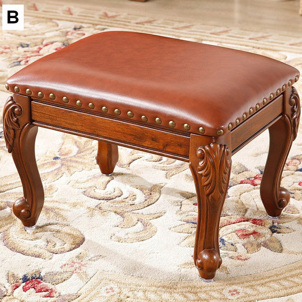 Genuine Leather Solid Wood Entry Bench, Vanity Stool, Solid Wood Ottoman, Rubberwood Entry Bench, Vintage Entry Stool-Grace Painting Crafts