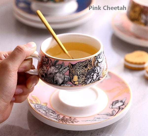 Creative Ceramic Tea Cups and Saucers, Jungle Tiger Cheetah Porcelain Coffee Cups, Unique Ceramic Cups with Gold Trim and Gift Box-Grace Painting Crafts