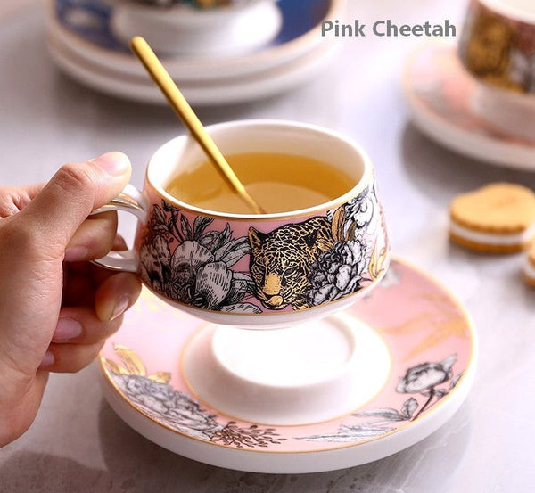 Handmade Ceramic Cups with Gold Trim and Gift Box, Jungle Tiger Cheetah Porcelain Coffee Cups, Creative Ceramic Tea Cup and Saucer-Grace Painting Crafts