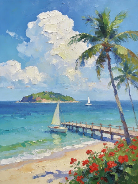 Canvas Paintings, Tropical Beach Retreat, Palm Trees, Sailboats, and Floral Paths, Original Artwork Small Paintings, Hand Painted Canvas Art, On Canvas Small Paintings, Palette Knife Artwork, Landscape Artwork-Grace Painting Crafts