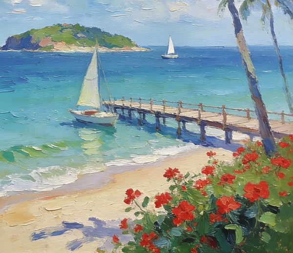 Canvas Paintings, Tropical Beach Retreat, Palm Trees, Sailboats, and Floral Paths, Original Artwork Small Paintings, Hand Painted Canvas Art, On Canvas Small Paintings, Palette Knife Artwork, Landscape Artwork-Grace Painting Crafts