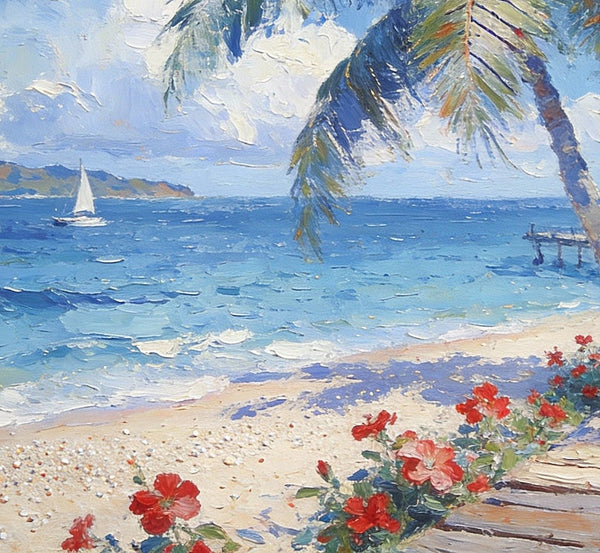 Tropical Beach, Palm, Dock and Sailboat, Original Wall Paintings, Original Artwork Small Paintings, Small Landscape Paintings, On Canvas Small Paintings, Small Canvas Art-Grace Painting Crafts