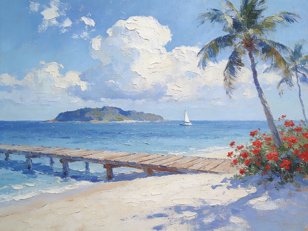 Simple Painting Ideas, Tropical Beach with Palm Trees and Dock, Small Wall Art on Canvas, Landscape Canvas Paintings, Impasto Wall Art Paintings, Original Oil Paintings-Grace Painting Crafts